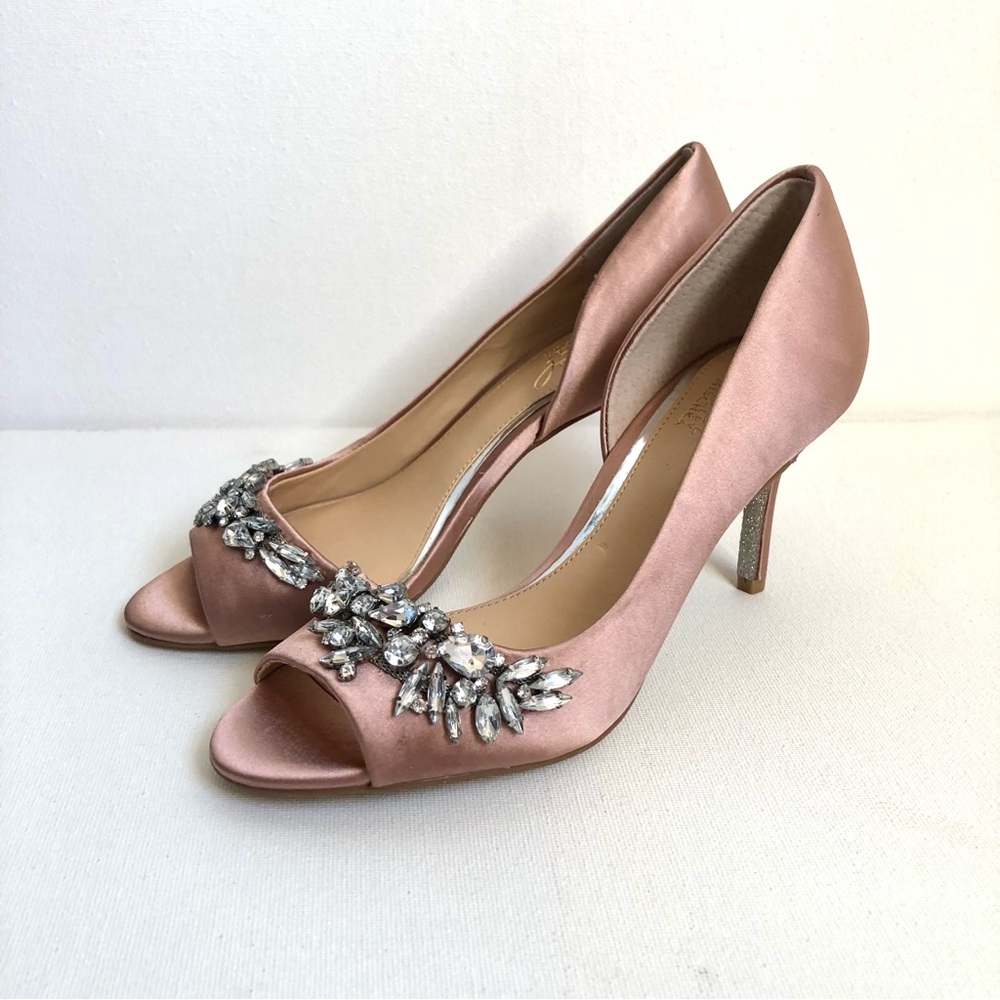 Jewel Badgley Mischka Pink Satin Rhinestone Open Toe D’Orsay Heels Size 5